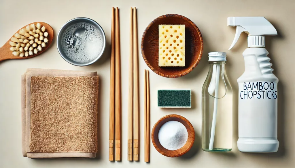 Cleaning materials for bamboo chopsticks, including dish soap, sponge, baking soda, and vinegar