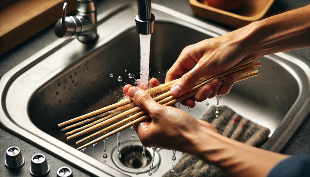 Rinsing bamboo chopsticks under warm running water to remove food residue.