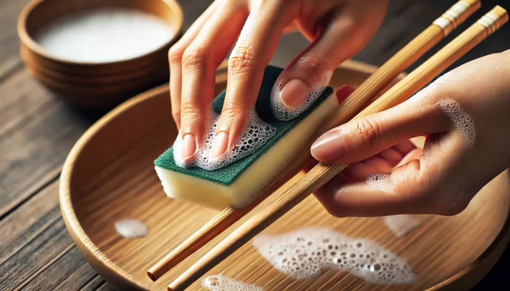 Gently scrubbing bamboo chopsticks with a soft sponge and mild dish soap