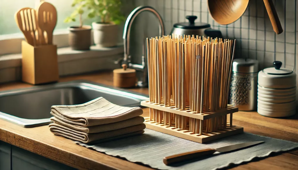 Bamboo chopsticks drying on a rack or towel after cleaning.